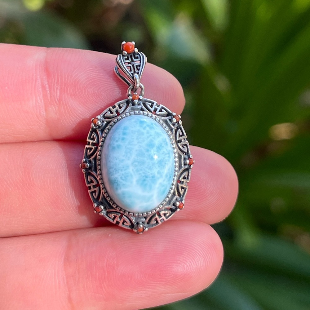 Sterling silver natural‎ Larimar coral pendant 1244